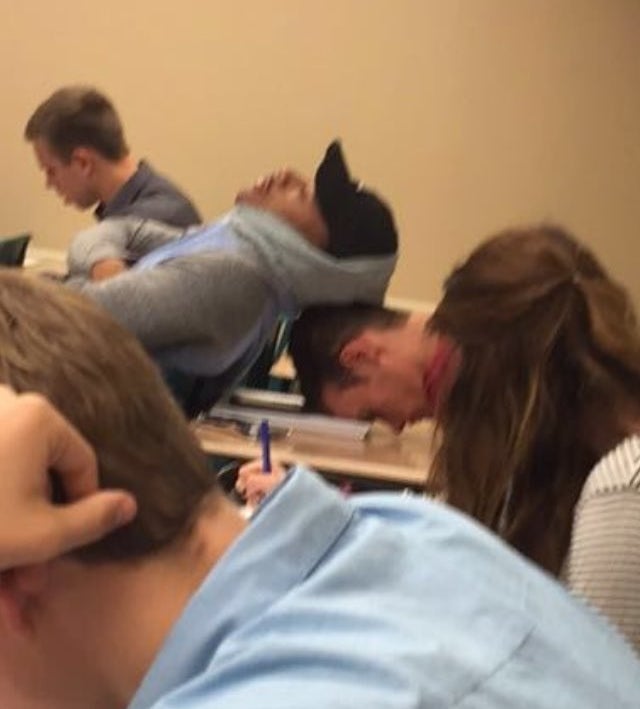 Luke, the base of the nap, was incredibly sleepy that day, he told BuzzFeed News. 'I know I was super exhausted,' he said. He said that the sleeping arrangement was not verbally coordinated. 'I don’t think he asked. I think he just laid down on my head and I just felt it and it was like you know what — I don’t care.'Shemar recalled being similarly tired, he said that he had an early class before that one. 'I don’t like history, so it was kind of just like — I had to do it,' he said. Like Luke, he said that the napping position was reached spontaneously.