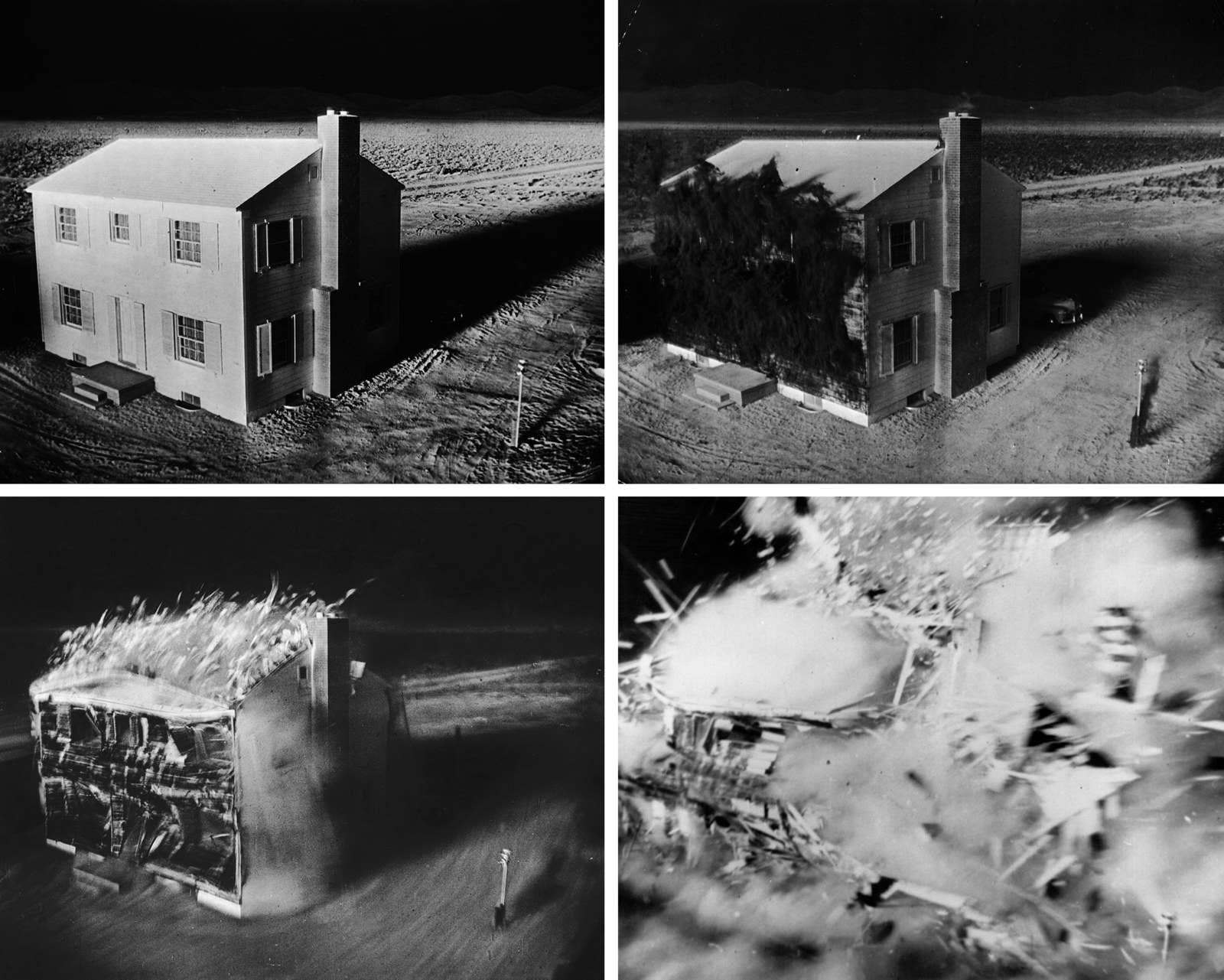 This series taken by an automatic camera in 1953 shows the effects of an atomic bomb on a house built 1 mile from the point of detonation, over a period of 2.3 seconds.