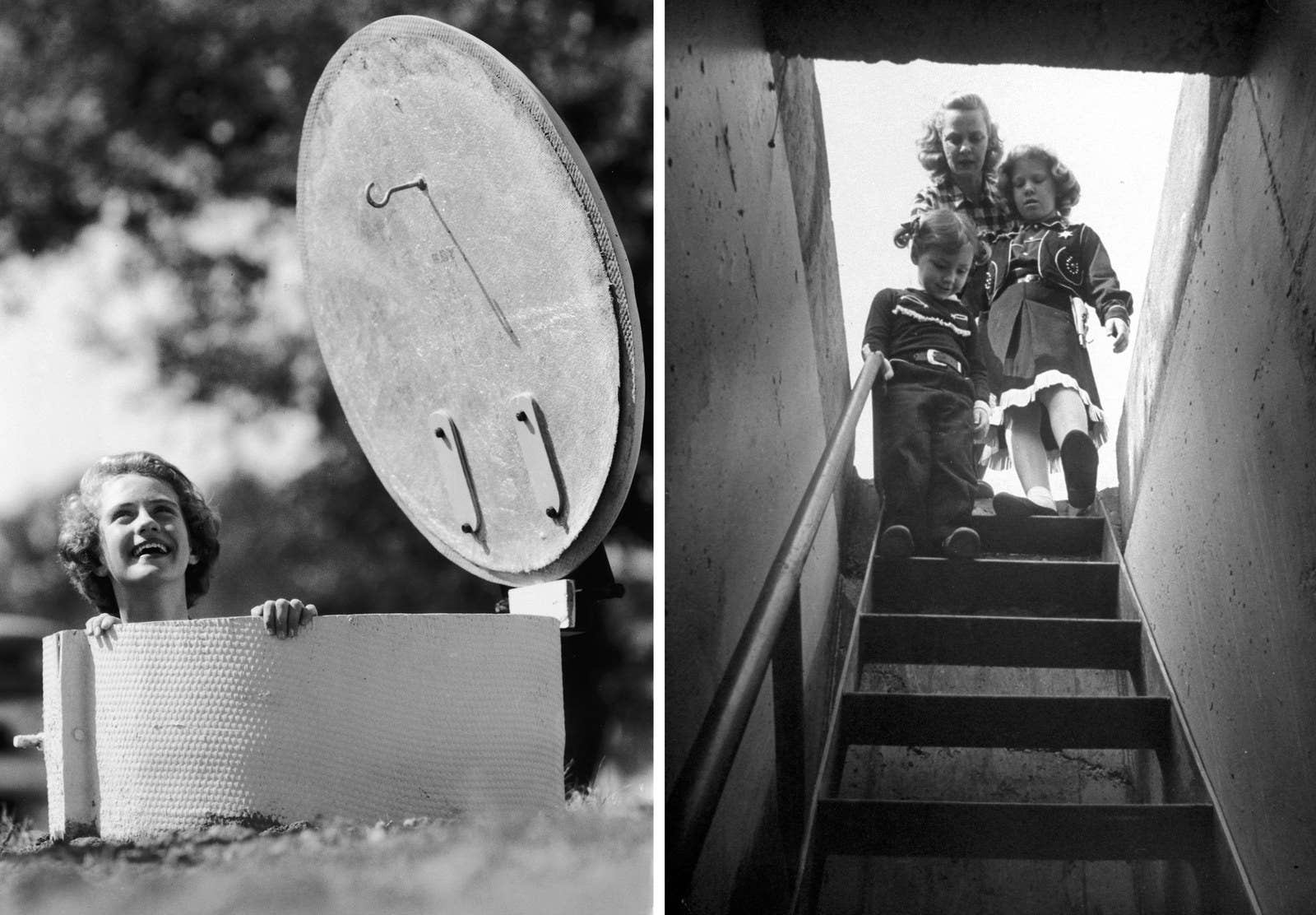 Left: A woman looks out from the entrance to an underground bomb-fallout shelter in Texas i 1961. Right: Ruth Colhoun and her small daughters climb down to their new underground atomic bomb shelter, which they had built for $1,995 in 1951.