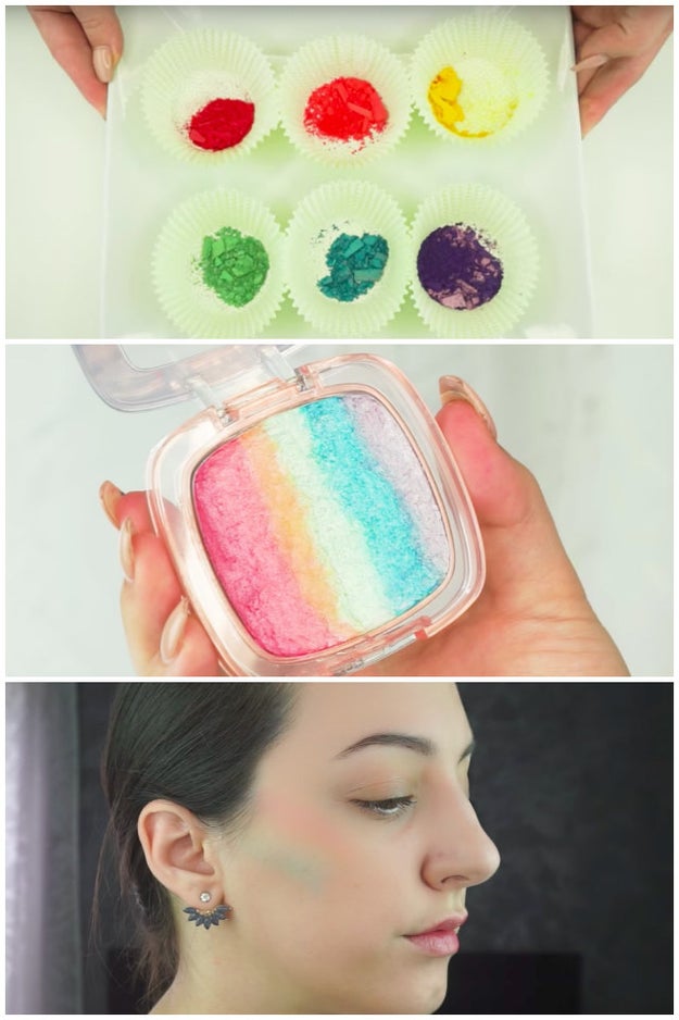 All aboard the unicorn beauty trend with this homemade rainbow highlighter.