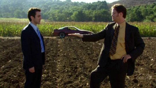 Dwight takes Ryan out on his first sales call to teach him the ways, on the trip Dwight has Ryan try to wrestle his cousin Mose which leads to them almost missing the sales call.