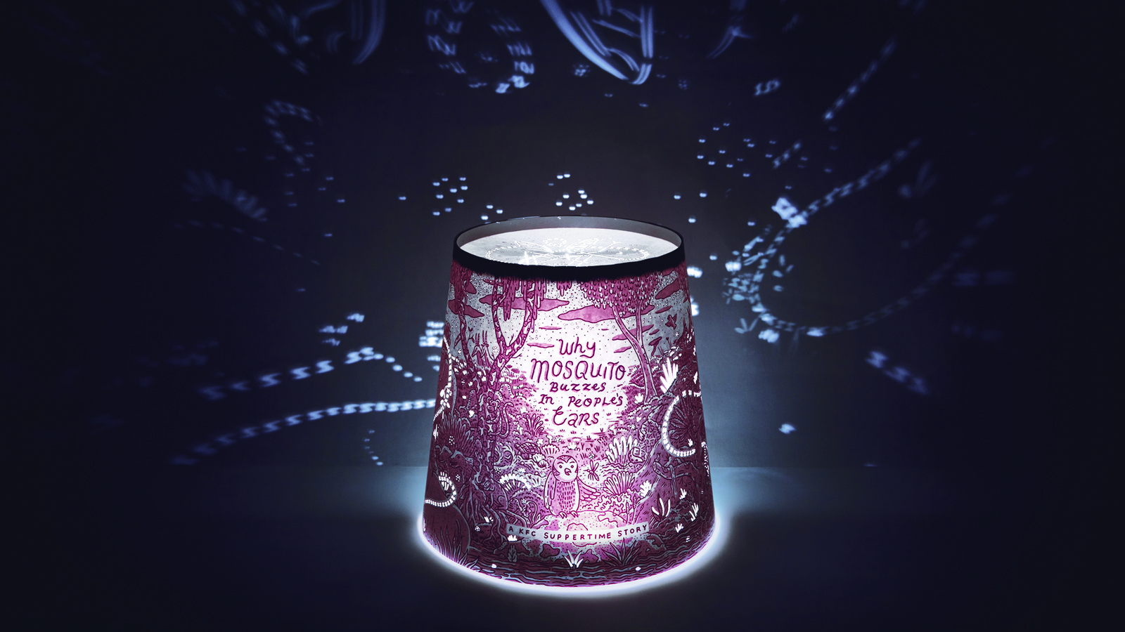 Limited edition bucket sleeves directed customers to a mobile app, where they could unlock 1 of 3 original suppertime stories. When placed face-down on the table, the phone's proximity sensor automated the selected audio story, bringing the bucket to life with sound, light and vibration. Utilising the phone’s speaker, flashlight and vibration functions.