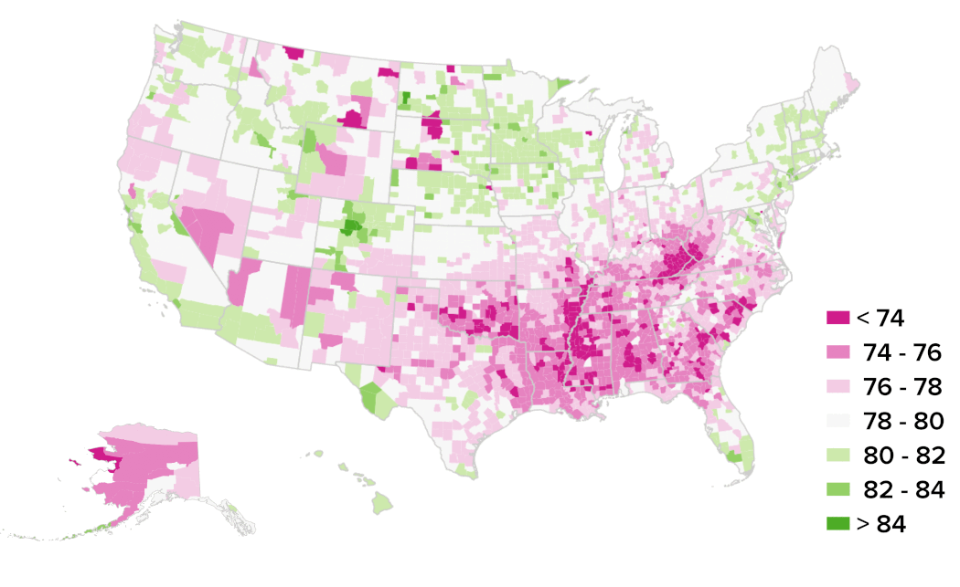 Counties with longer life expectancy in 2014 than the overall US figure of 79 years are shown in green, those with shorter life expectancy in pink.