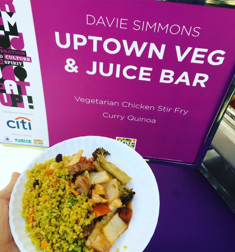 Made with soy-based "chicken," this dish from Uptown Veg & Juice Bar included vegetarian chicken stir fry with cabbages, broccoli, and carrots was served with curry quinoa.