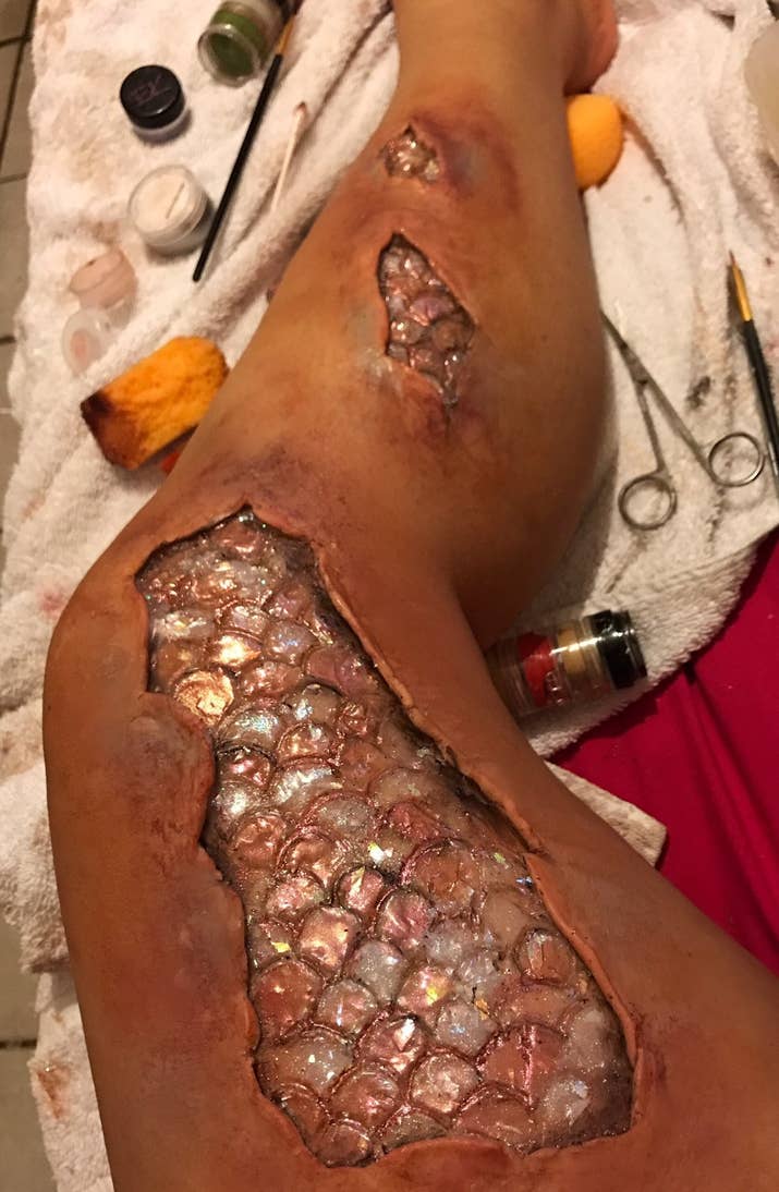 Channing said it took her an "hour or two" to create the leg."I used scar wax, a silicone for the scales," she said. "I used cream and alcohol paints for the bruising and irritation, and used eyeshadow pigments and glitters to get the shiny effect."