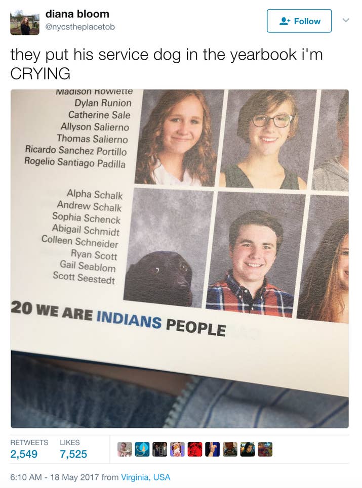 "Seeing a picture of a dog caught my eye pretty quickly," Bloom told BuzzFeed News. "I thought it was so cute, and I knew that some of my underclassmen friends hadn't seen it yet because they didn't have their yearbooks so I took a picture and tweeted it."Her tweet has since been retweeted more than 2,500 times.