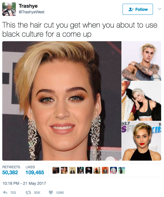 What do Katy Perry, Justin Bieber and Miley Cyrus all have in common? According to Twitter user @TrashyeWest, a certain hair cut.