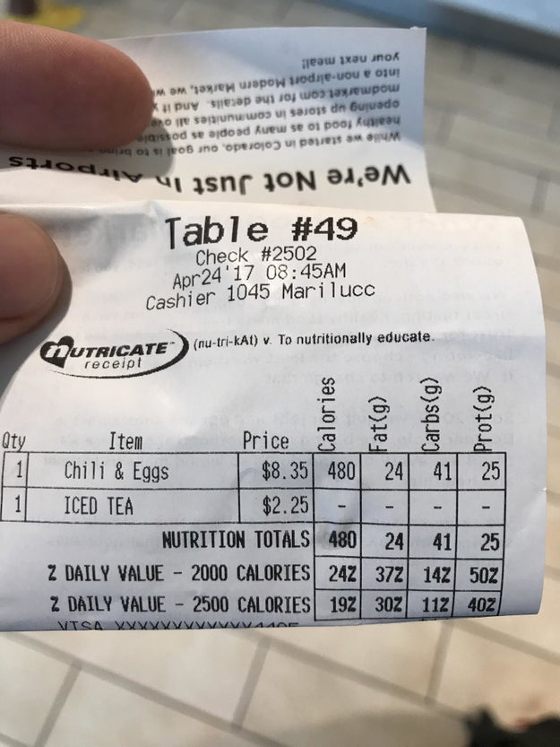 The receipt that comes with the exact nutritional values of the food you ordered.