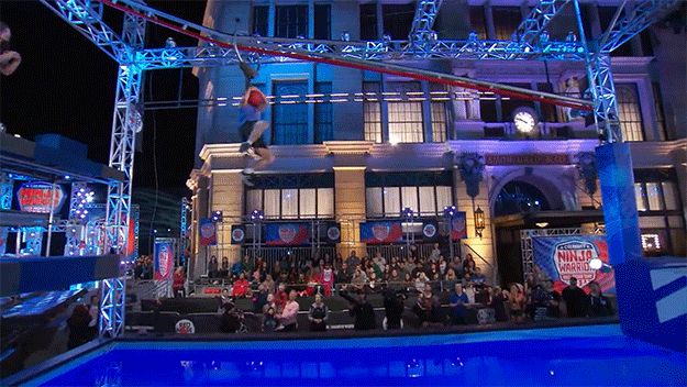 A fully-clothed Derek started off strong and made his way through two obstacles WITH A BREEZE.