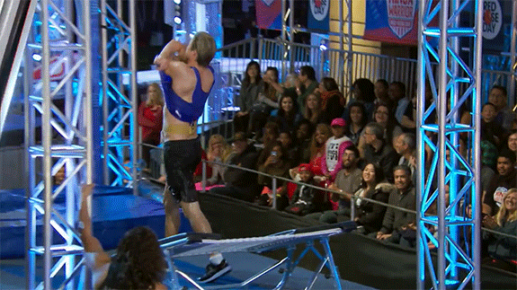 But since this Ninja Warrior run was for a good cause, Derek was given a second chance! And lucky for us, Dadrek took his shirt off to reveal a glistening, wet body for his second attempt.