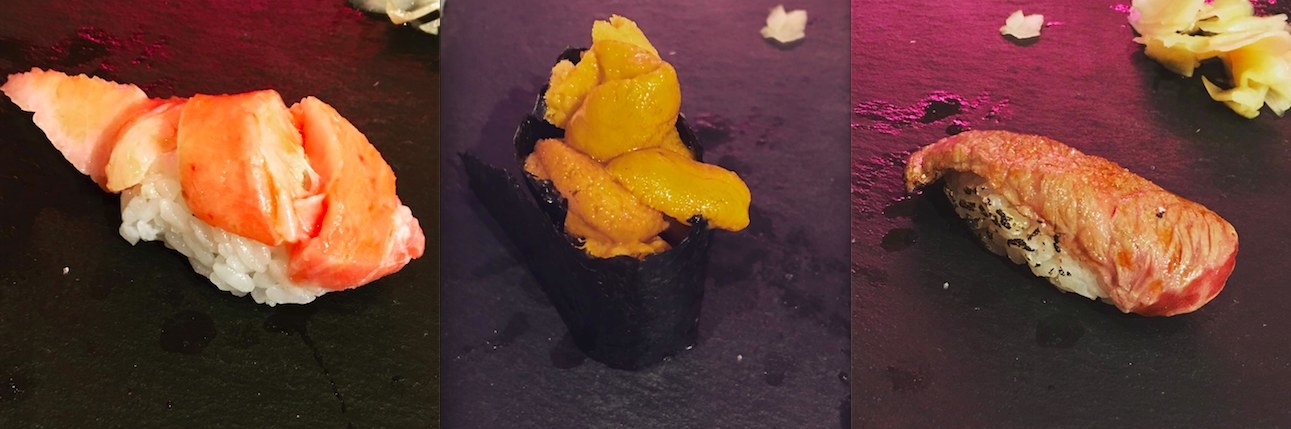 One of the most coveted pieces of sushi, Toro - or fatty tuna - has a buttery texture. A generous amount of Uni sits atop a bed of sushi rice. The torched Wagyu beef topped with truffle salt is an explosion of flavors in your mouth.