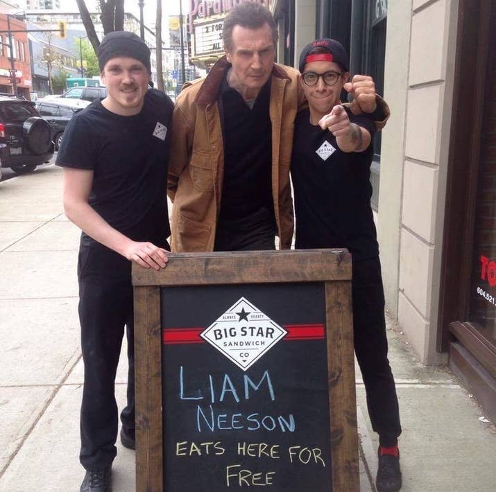 Employees at Big Star Sandwich in New Westminster had heard a rumour that Neeson was in the area filming the movie Hard Powder, coming out in 2018.Since there are several Liam Neeson superfans on staff, they decided to put a message on the sandwich board outside offering him a free meal on the house.