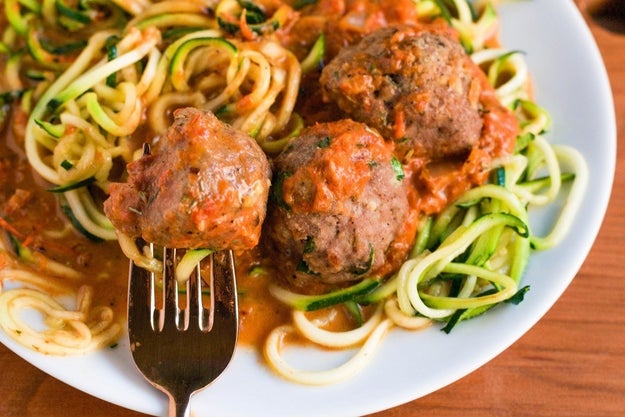 Zoodles with turkey meatballs* in roasted red pepper sauce