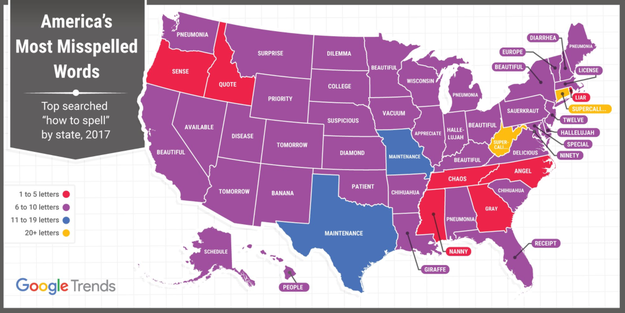 Google just released a list of the words people search along with the phrase "how to spell" in each state, and boy. Wow. We. Got. Some. Problems.