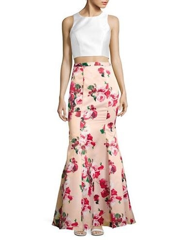 A two piece fully lined dress with crop top and concealed zipper floral mermaid skirt from XSCAPE at the Hudon's Bay Company. At a clearance price of $149.99 down from $349.99, get those credit cards out!
