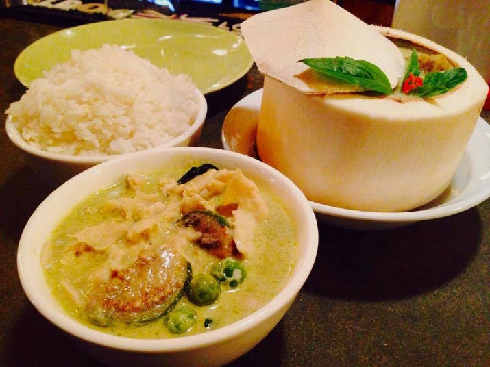 PAI, named after a village in Northern Thailand, was recommended to me by a coworker, and I was skeptical because I am pretty confident in my Thai-cooking skills. Upon arriving at the basement-esque restaurant, however, I realized I was in for a treat. The restaurant owners also manage Sukhothai and Sabai Sabai in Toronto.I ordered the green curry with chicken (other options include shrimp, beef, fish, pork, tofu, or vegetables), a hearty dish that contained bamboo shoots, kaffir lime leaves, basil, green pepper, and luscious coconut milk, and served with steamed jasmine rice. Although it was lunchtime, I was able to order from the dinner menu (Gaeng Kiaw Wan) and have the green curry served inside a coconut. My favourite part of the meal was scraping the coconut meat out of the coconut. One thing I do wish, however, was that the waiters and waitresses made daily dessert specials clear to everyone.Note: I went to PAI on a weekday afternoon, and it was packed; I didn’t get a table and sat at the bar. I can only imagine how busy it would be on weekends, or during the dinner rush. Make reservations accordingly, or come early!