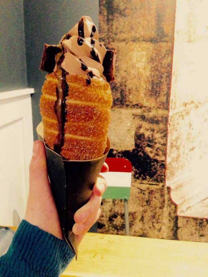 Speaking of BlogTO, I also found out about Eva's Original Chimneys through their Facebook page. Located on Bloor and surprisingly cashless, Eva's Original Chimneys is super popular with locals and tourists. I visited mid-January, and the line was already extending out the door and onto Bloor. Known by most Torontonians as "donut cones", these treats are actually Kürtőskalács (Hungarian), or "Chimneys" in English. The dough itself is crispy on the outside, yet fluffy and tender inside. It was fun to twist the dough outwards, in a spiral, as I devoured the ice cream. This was a large serving and reminded me of a carnival, probably because of the generous sprinkle of cinnamon sugar with a touch of salt. I was sad to find people eating just half, and then throwing it out - don't do that! There's a big chocolate truffle ball at the bottom of the cone, serving as a plug so the soft serve doesn't drip through the apex of the cone.