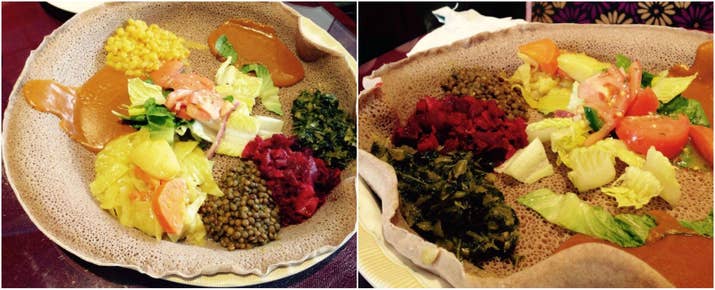 I am the least coordinated person in the world. Eating this, at Lalibela Ethiopian Restaurant, was a struggle because my fingers have a hard time tearing, scooping, and wrapping. Throughout the meal, I wished for a fork and knife. Despite my lack of coordination, I loved the collard greens, split peas, lentils, chickpeas, and vegetables. The "base" of the meal is an injera, which is a flatbread from East Africa. It is made with sourdough and has a distinct sour flavour, paired with a foamy, sponge-like texture. It is a national dish in Ethiopia and Eritrea, and is commonly made of teff flour or wheat flour. It's hard to tell in these photos, but this meal was massive - and came with another injera (no toppings) on a different plate. Also, if you go with a friend, there is an option to get "enough for two", which involves an even bigger injera and more toppings.