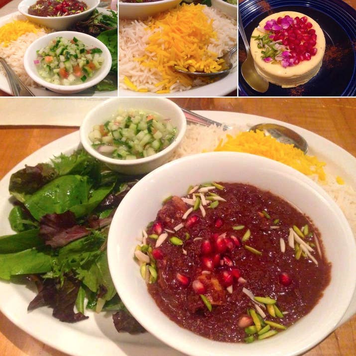 This was the Fesenjaan from Pomegranate Restaurant on College Street. It was a smooth, rich stew of ground walnuts and pomegranate syrup, studded with boneless chicken breast and topped with pomegranate seeds and slivered almonds. With the stew, there was a "relish" made of chopped cucumbers and onion, basmati rice with a scoop of saffron rice, and lightly-dressed greens. I have never tasted a flavour quite like the stew, and loved how it blended sour and nutty flavours. This tasted great with the rice, but I wish there was more of the saffron rice.For dessert, I tried the ice cream topped with rosewater and rose petals, pomegranate, and more pistachios. The ice cream was a bit hard and too icy for my taste (I like my ice cream melty!), and the rose flavour was disappointing.