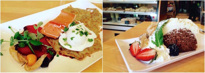 If I could skip class and go for brunch right now, Karelia Kitchen would be the place. I browsed their menu while sipping a Nordic fog, which was a fun twist on the London fog tea latte. I wanted the "Oka Grilled Cheese" made with milk bread, caramelized pear slices and lingonberry jam, but ultimately settled on the "Potato Pancake", which came with hot smoked trout, beet and horseradish cured gravlax, and a single poached duck egg. Friends, this was easily best gravlax I have ever had. Period. Sweet, tangy, and beautifully tender, no gravlax shall ever compare.For dessert, I was happy to order their famous carrot cake. You need to take a look at their Fika menu, which is full of cakes, cookies, tarts, and pies. It was tricky to choose the carrot cake, especially with things like "Buttermilk Sponge Cake with Almond Praline", "Saffron and Pistachio Coffee Cake", and "Flourless Chocolate and Almond Fudge Cake" on the menu, but the couple next to me wouldn't stop gushing about the carrot cake, so I had to try it for myself. They were right. Moist (sorry), with tangy and fresh cream cheese icing and a side of various fruit, I demolished the entire slice.