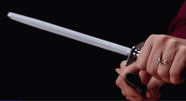 Place the blade at a 20° angle and stroke it on your steel from heel to tip (away from you). Do this several times on each side with even pressure. Although this will never sharpen your knife, it is an important preventative maintenance step.