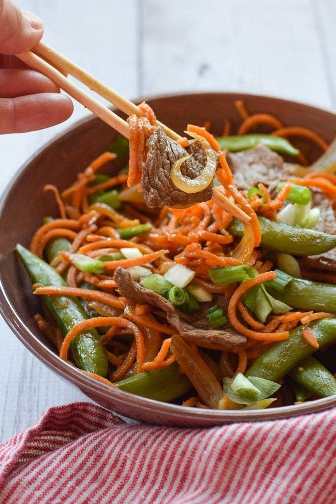 You can use any of your favorite veggies like bell pepper, baby corn, and mushrooms in this totally new stir-fry. Get the recipe.