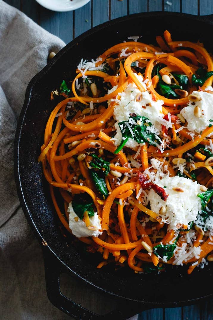 This no fail, one-pan meal calls for spiralized butternut squash noodles tossed with spinach, sun-dried tomatoes, toasted pine nuts, and ricotta. Get the recipe.