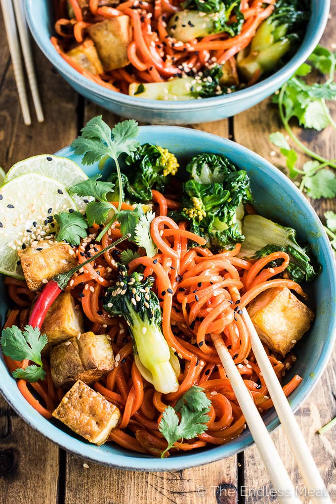 This homemade dish puts the local takeout to shame. Chewy carrot noodles topped with garlicky bok choy and crispy tofu hit all the right notes.Get the recipe.