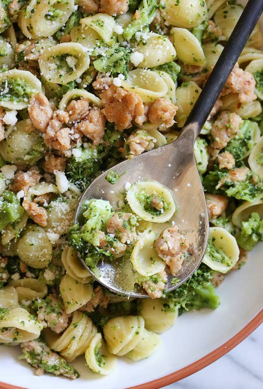 Valentine's Day Dinner: Budget Friendly Grocery list-14 oz Italian chicken sausage: $5.59-1 box Oricchette pasta: $2.09-1 bag frozen broccoli: $2.49-1 bulb garlic: $0.60-Grated Parmesan cheese: $3.99-Olive oil, salt, and pepper: Pantry staplesTotal cost: $15.16Get the recipe.