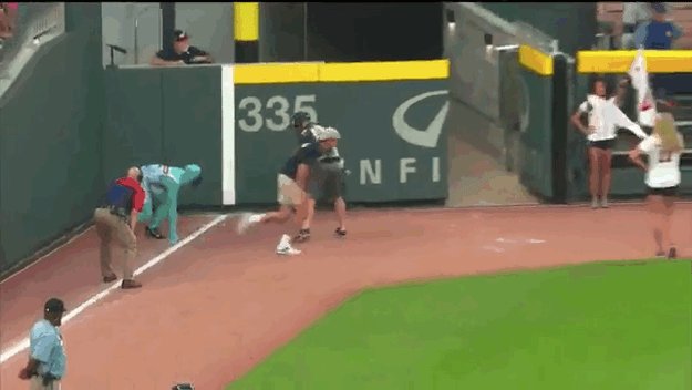 Basically, the Braves do a little race for one lucky fan between innings, where they give the fan a big head start.