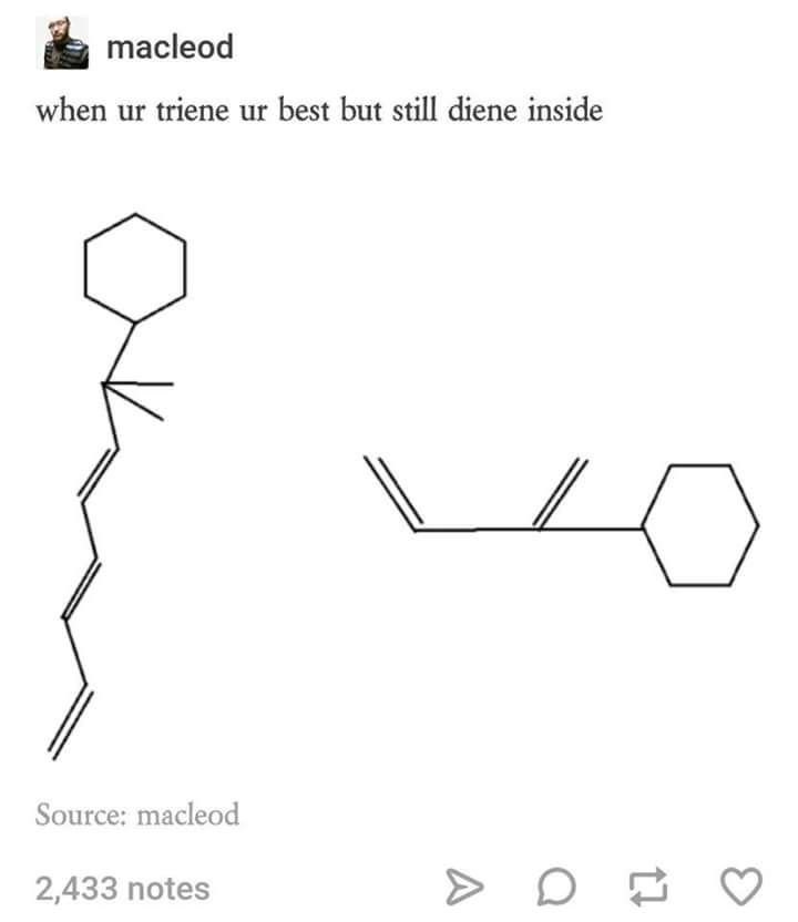 a stick figure drawing of it standing and then falling down and the words &quot;triene&quot; and &quot;diene&quot;