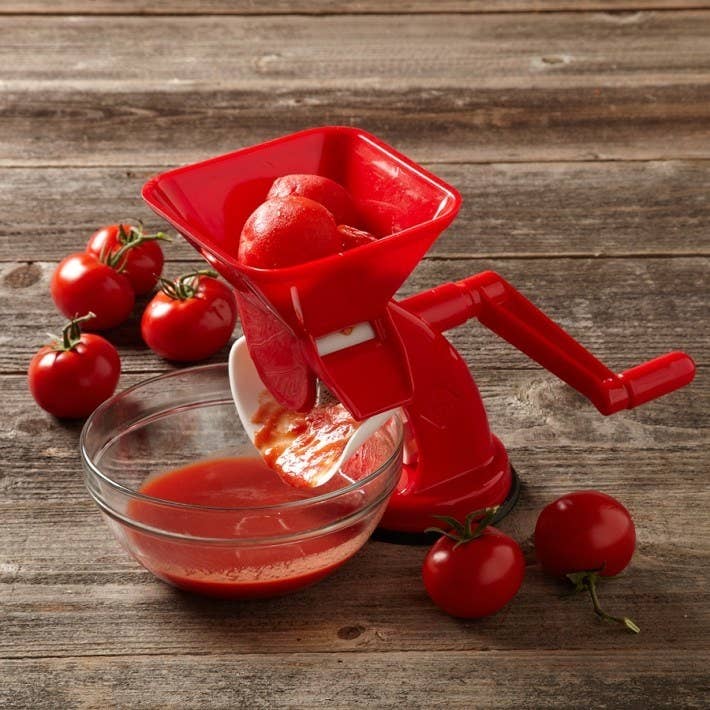 Promising Review: "If you make tomato sauce or jelly, this product is for you. I save hours of time with this press: no peeling or seeding. It gets done with the turn of a handle." —lilamaxwellGet it on Williams-Sonoma for $44.95.