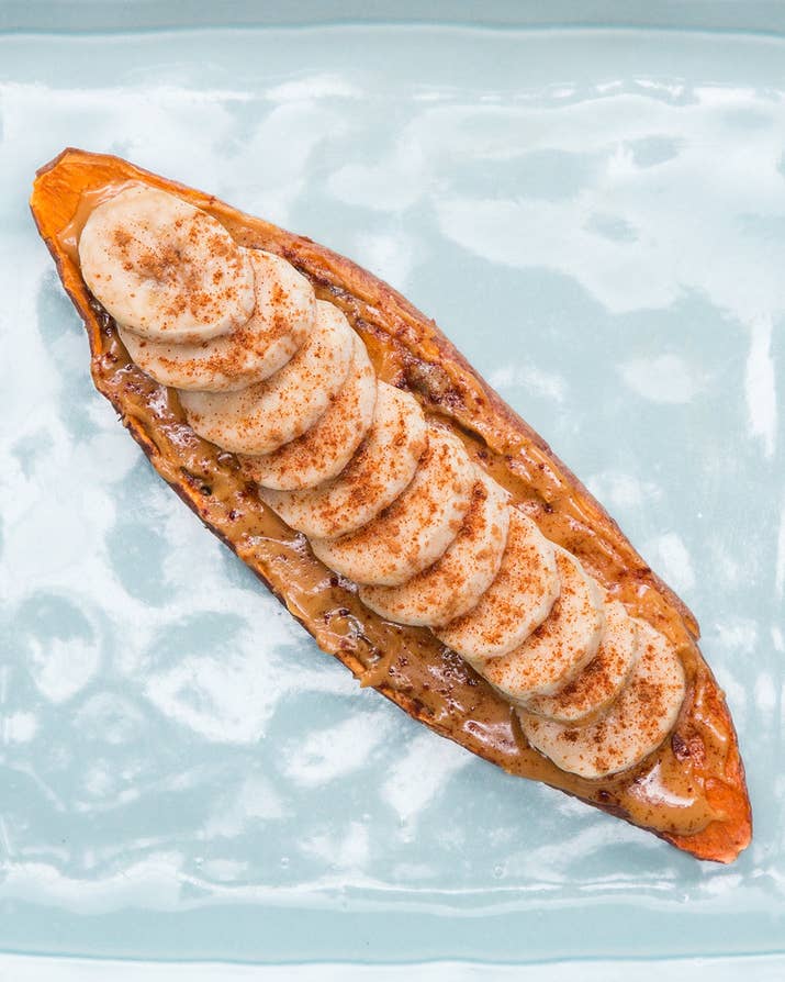 Servings: 1 INGREDIENTS1 sweet potatoPeanut butter, to taste1 small banana, slicedCinnamon, to tastePREPARATIONCut sweet potato into thin slices, about ¼ inch thick.Place in toaster and set it to the maximum cook time. When it pops, flip the sweet potato slices over and toast 1 more time. Depending on the strength of your toaster and your preferences, you may need to toast it 1 more time after that.Remove from toaster and let cool enough to handle.Spread peanut butter evenly across sweet potato toast and top with sliced banana.Sprinkle with cinnamon and enjoy!