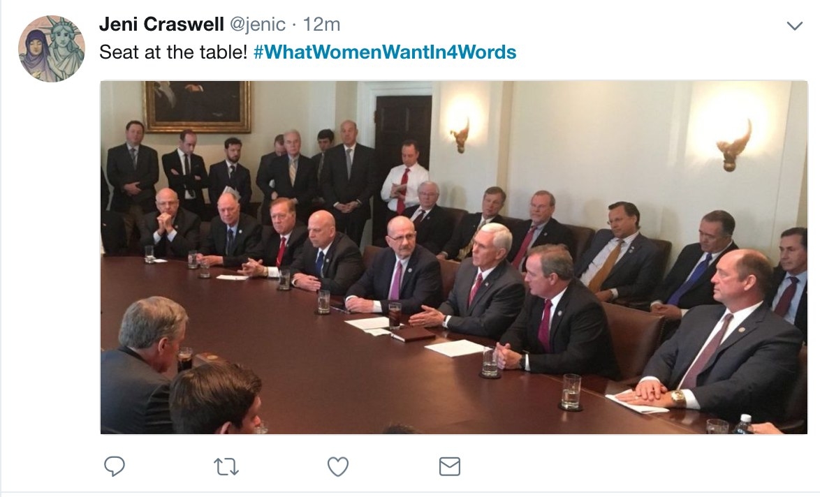 A room full of only one demographic should not have the power to decide the needs of the many. An image says 1000 words, and this one is screaming for more diversity when it concerns matters of government and economics, which affect the entire population and not just the demographic shown.