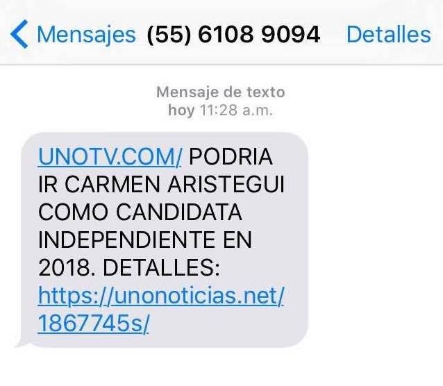 Uno de los mensajes que Emilio, hijo de Carmen Aristegui, recibió el 23 de mayo de 2016. Un SMS similar fue recibido por otros miembros del equipo de Aristegui.