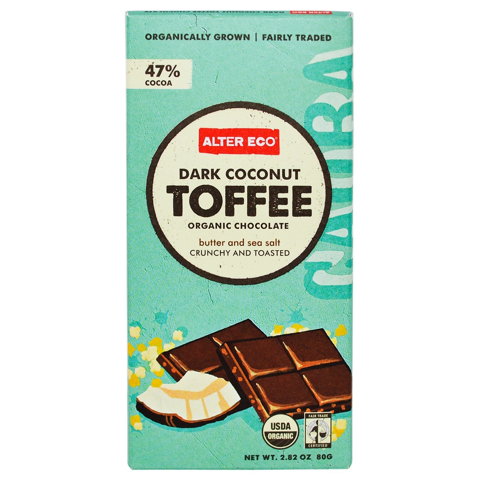 Alter Eco Dark Coconut Toffee Organic Chocolate is the perfect salty-but-sweet snack with smooth texture with a coconutty and buttery finish. This bar is also fair trade and made with some of the world’s rarest rainforest cacao.