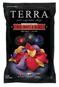 Hain Celestial debuts TERRA® Red, White, and Blues, which combines a flavorful blend of beet dipped sweet potatoes, naturally blue potatoes and Yukon Gold to bring a satisfying crunch. This patriotic blend includes the delicious TERRA® Blues and is made with non-GMO ingredients. Like all TERRA® real vegetable chips, Red, White, and Blues are gluten free and Kosher certified.