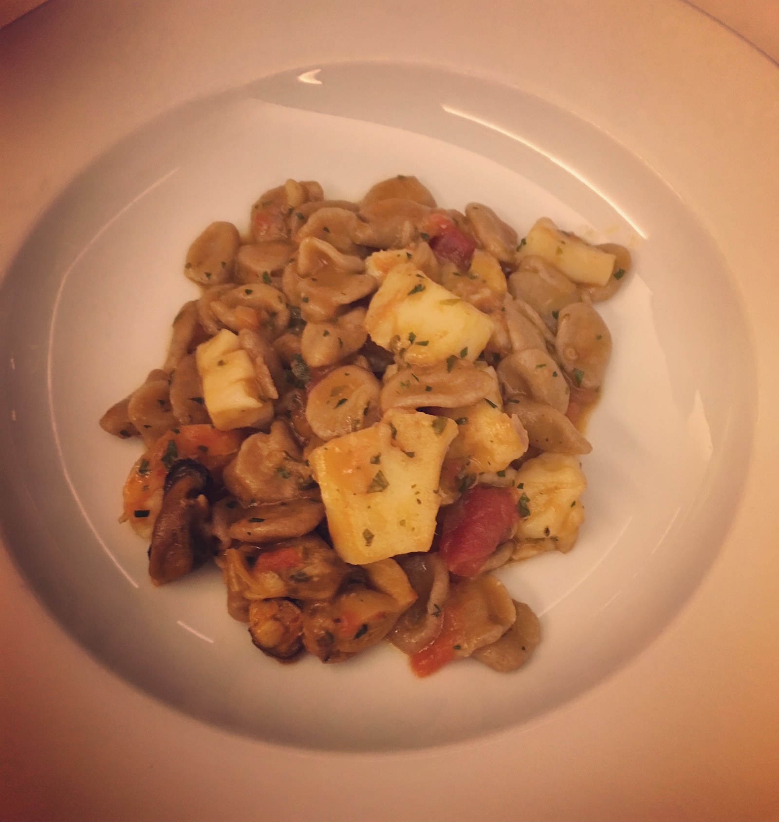 Chewy, doughy cavatelli pasta homemade with grani antichi is tossed in savory ragout made with generous servings of shellfish like scallop, lobster, mussels, and clams