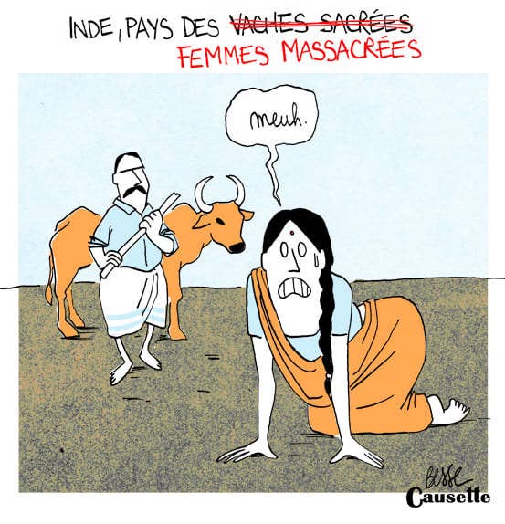 In it, the phrase "India, country of sacred cows" is edited via red strike-through to say, "India, country of massacred women."