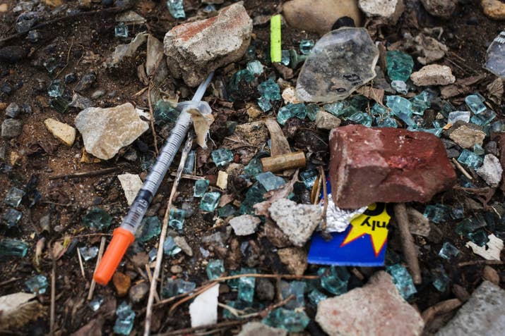A discarded needle at a heroin encampment in Philadelphia.