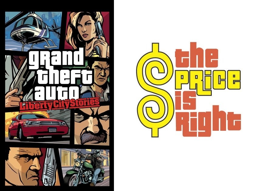 A Grand Theft Auto cover and The Price Is Right logo