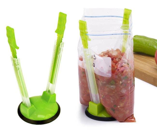 Promising Review: "I got this gadget a few weeks ago, and it’s working great. From quart-size to gallon-size bags, it holds up perfectly. I can spoon right into the bags without making a mess!” —Traveling Grandma Get the two-pack from Amazon for $9.59.
