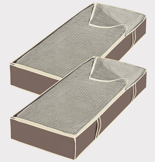 Promising Review: "My husband and I have to share a closet — ugh, good thing he's worth it! So I bought this to free up the top shelf. It is extremely sturdy, holding five pairs of pants, 20 shirts, a dress, and my pajamas. The box also doesn’t tilt or stretch!” —Mflinn Get the set of two from Amazon for $14.99.