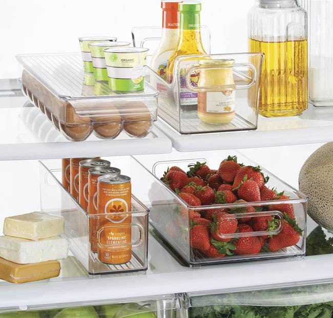 The storage bins set includes a wide bin, narrow bin, condiment caddy, and 21-egg holder.Promising Review: “These bins are the perfect size for their intended products, and they keep the refrigerator organized. They're a good quality and thickness, and easy to clean. I’m very happy with this purchase!” —Shopping AngelGet the four-piece set from Amazon for $29.99.