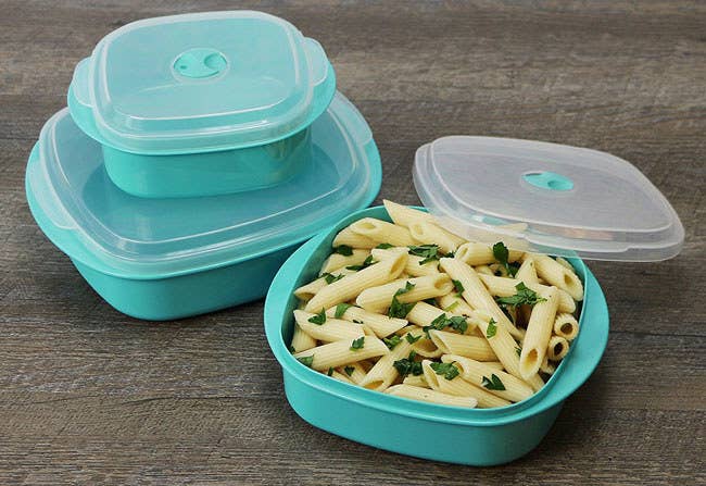 The containers are microwave-, dishwasher-, and freezer-safe. Includes three containers and matching lids.Promising Review: “I was looking for good, microwavable cookware, and found it in this product. I use them almost every day, and they’ve held up very well. The lids don't shrink in the dishwasher or from the heat of the microwave. Plus, the lid has a vent, which is a great added feature.” –Annie G.Get the six-piece set from Amazon for $13.99 (available in 12 colors).