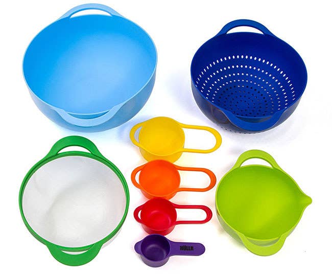 Includes 10" mixing bowl, 8.5" colander, 7.25" sifter, 5.75" bowl with pour spout, as well as 200-, 150-, 100-, and 50-ml measuring cups.Promising Review: “I love the colors, quality, and how compact this set is. It is so easy to store away. I have always done a lot of baking and am branching out with new recipes. I needed a good set of measuring cups and bowls, and I really like this set!” —Kim W. Get the eight-piece set from Amazon for $15.99.