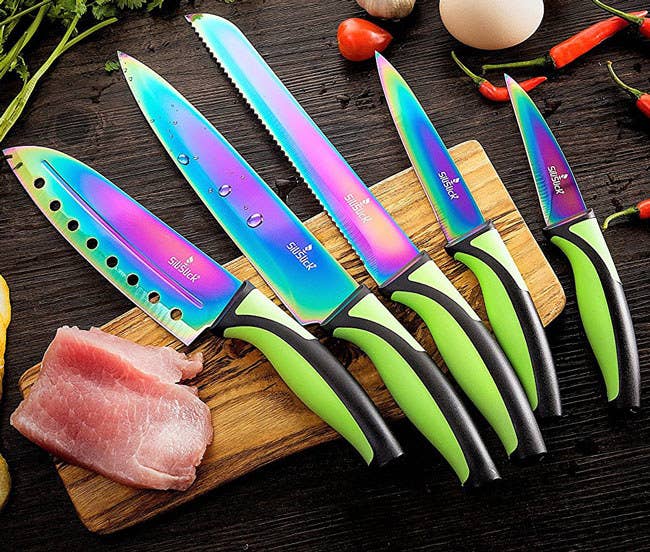 Includes a 8" chef's knife, 8" bread knife, 7" Santoku knife, 5" utility knife, and 3.5" paring knife.Promising Review: “I purchased these for myself after buying a set for my sister as a present. I was so in love with hers that I had to have a set. And now they are the only knives I use. I sharpened mine when I got them, as they seemed a bit dull. But they hold their edge well, considering their price. Still, I would rather resharpen these beauties than pull out any other set I own!” —Lynda FGet the five-piece set from Amazon for $10.