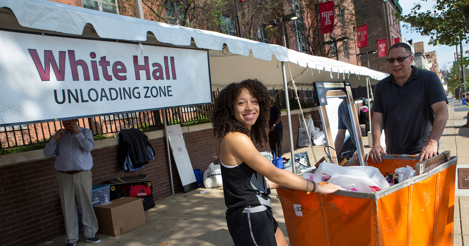 It's usually blazing hot in August in Philly so we've put up white tents along the residence halls for students and their families to unload belongings. (And don't forget personal sun protection like sunglasses, hats, and sunscreen!) But it has also rained during move-in in years past so make sure you check the weather for your specific move-in date.