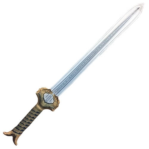 The Wonder Woman SWAT sword and shield are each based on the props from the film for safe role-play action. The 30 inch long sword features a dragon-themed gold hilt and Amazonian runic script on its blade. The 18 inch diameter shield is beautifully detailed in a shimmering gold features two straps on the back for ready cosplay action. They both feature sounds that play when swung through the air and on impact, clashing and clanging as they collide!