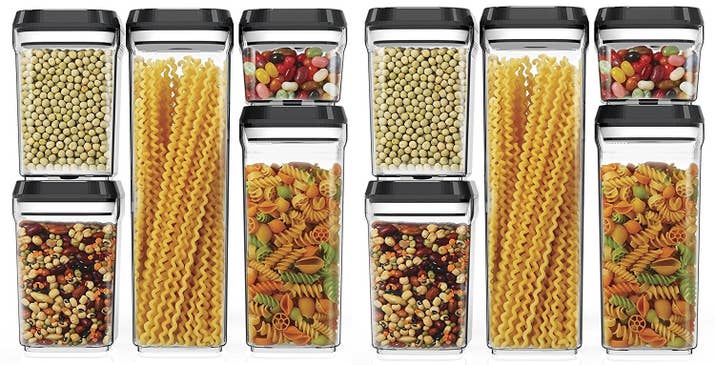 Rather than, you know, opening a cabinet door and having a half-empty box of pasta fall on your head.Get the ten-piece set from Amazon for $64.97. Also available in five-piece and fifteen-piece sets.Promising review: "Love this set! It's pretty enough to set on my countertops, and keeps my frequently used food items close at hand. The ULTIMATE test: After finding no product out there to keep my brown sugar from clumping and hardening, I put it in one of the medium containers. It is SOFT & FRESH! I highly recommend these canisters - pretty, practical, and they WORK! A+" —Kristen B.